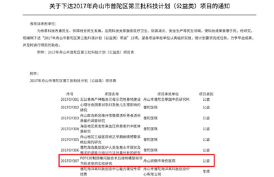 新技術(shù)新項(xiàng)目】我院的《PDTC抑制頸椎間融合術(shù)后動(dòng)物模型相鄰節(jié)段退變的實(shí)驗(yàn)研究》被納入2017舟山市普陀區(qū)第三批科技計(jì)劃（公益類(lèi)）項(xiàng)目